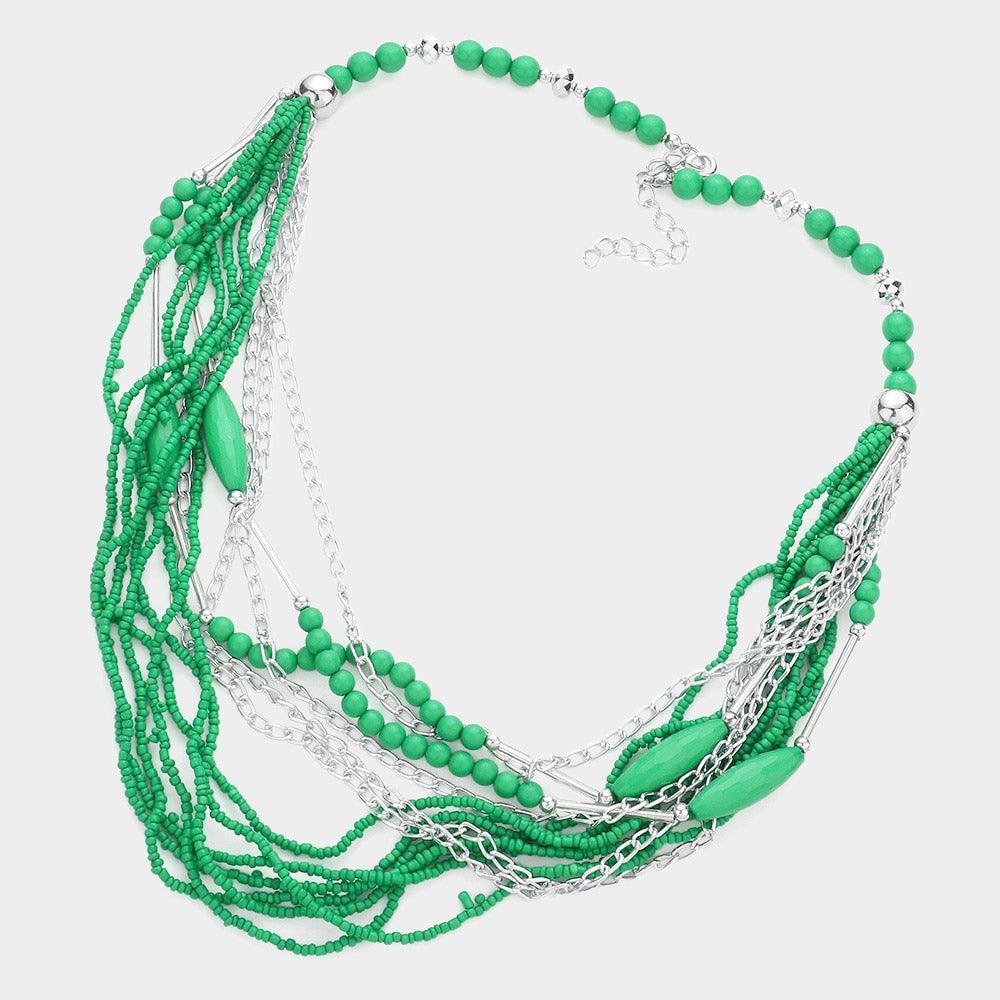 Green Metal Chain Seed Beaded Multi Layered Necklace - Jewelry Store by Erik Rayo