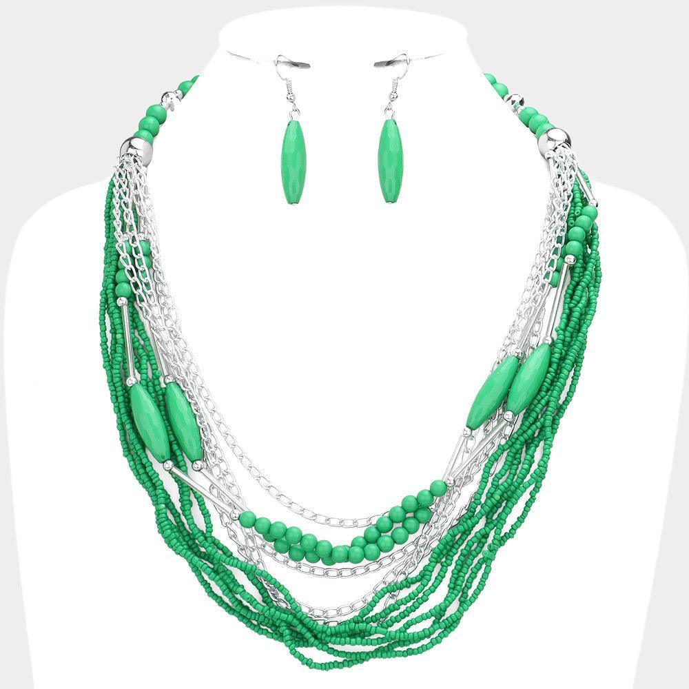 Green Metal Chain Seed Beaded Multi Layered Necklace - Jewelry Store by Erik Rayo