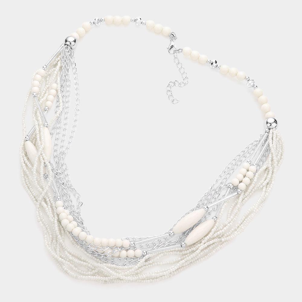 Ivory Metal Chain Seed Beaded Multi Layered Necklace - Jewelry Store by Erik Rayo