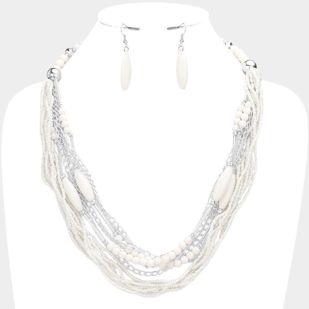 Ivory Metal Chain Seed Beaded Multi Layered Necklace - Jewelry Store by Erik Rayo