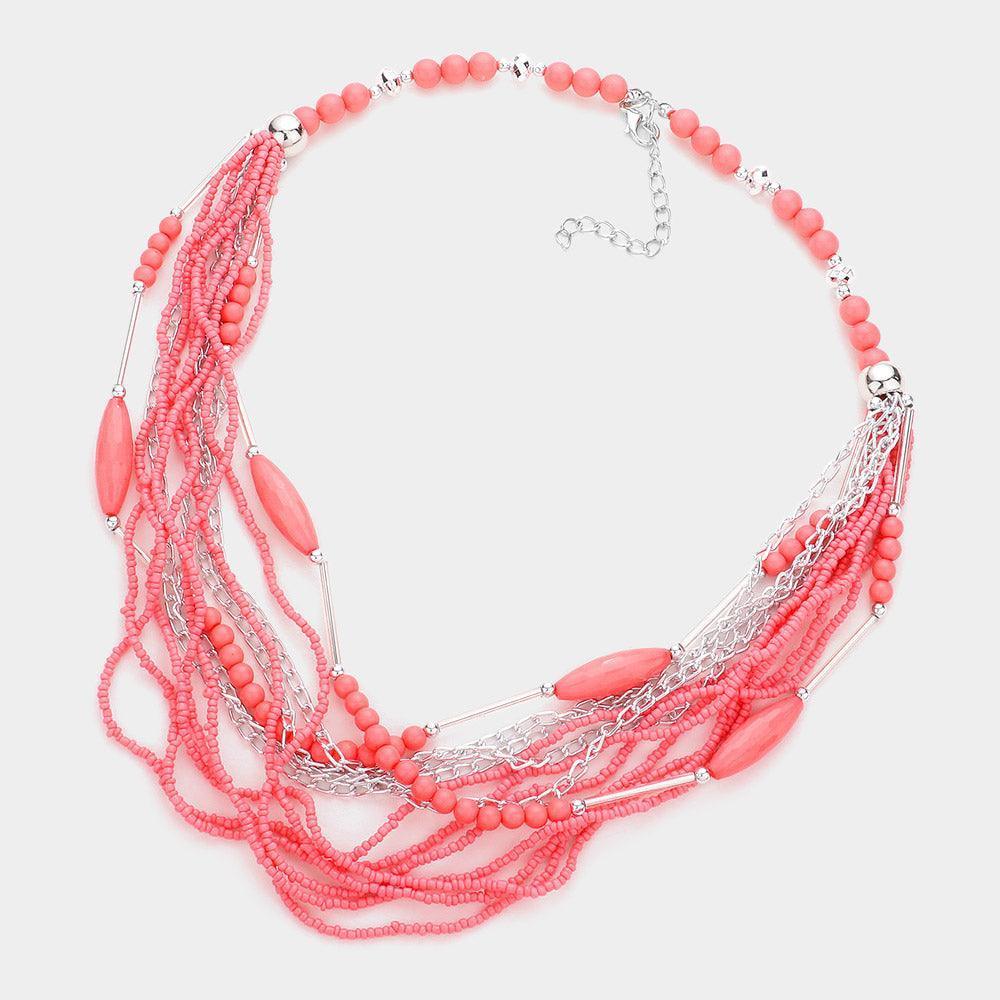 Pink Metal Chain Seed Beaded Multi Layered Necklace - Jewelry Store by Erik Rayo
