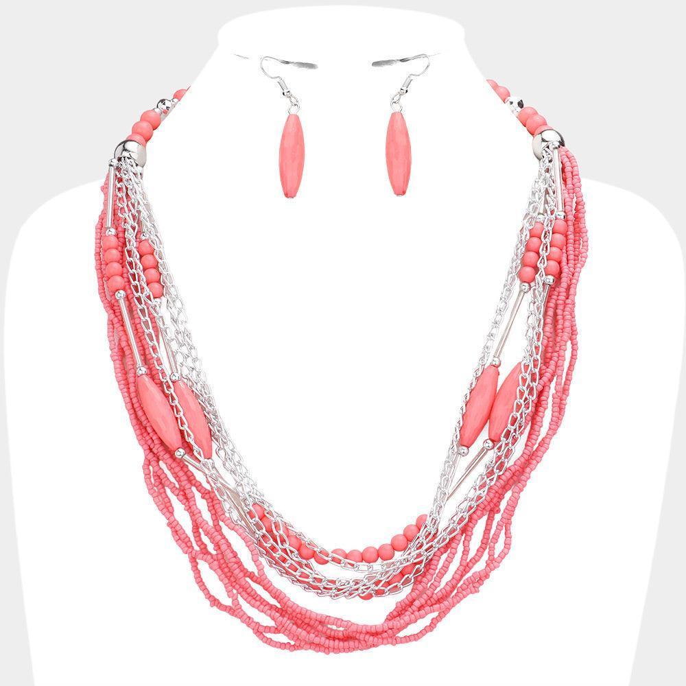 Pink Metal Chain Seed Beaded Multi Layered Necklace - Jewelry Store by Erik Rayo
