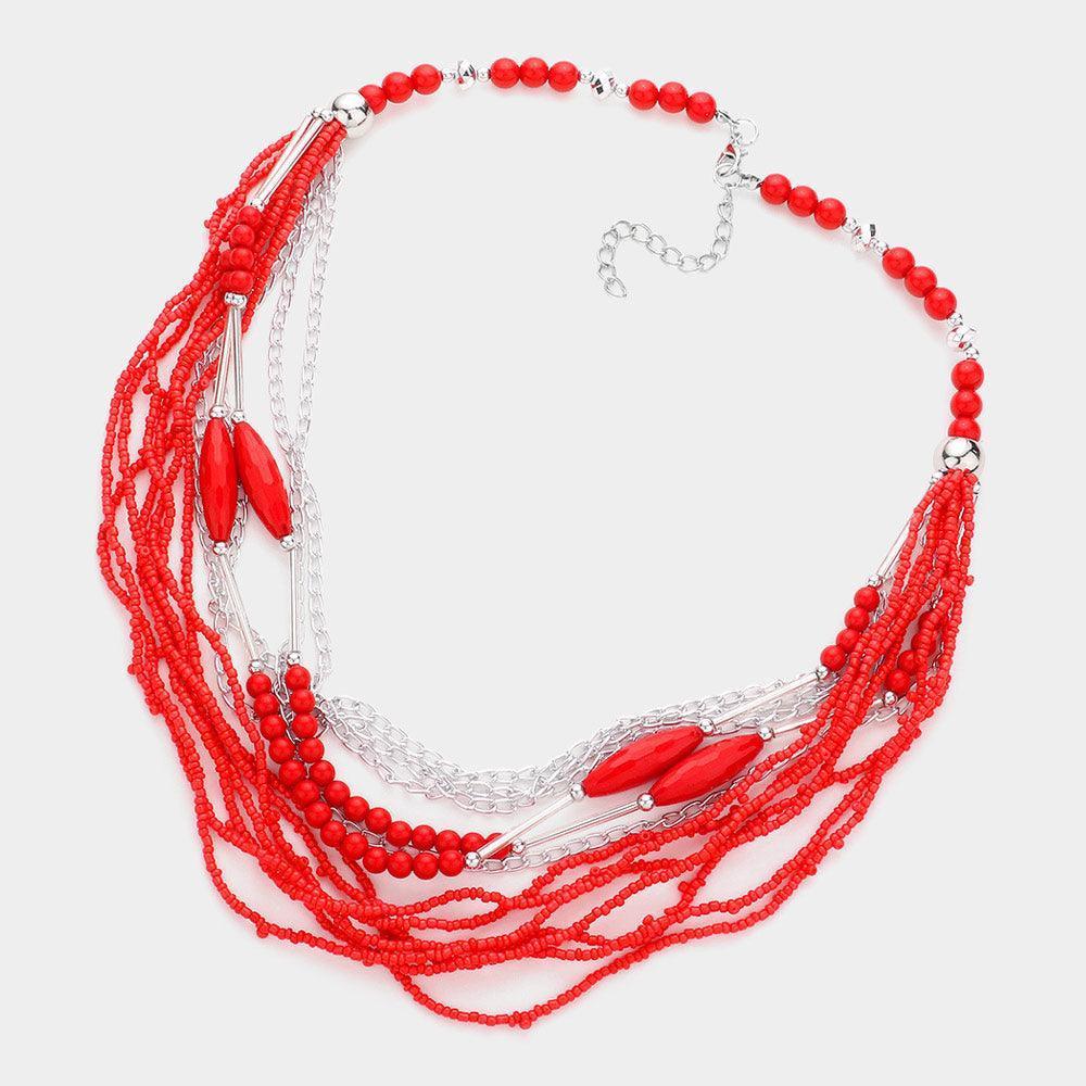 Red Metal Chain Seed Beaded Multi Layered Necklace - Jewelry Store by Erik Rayo