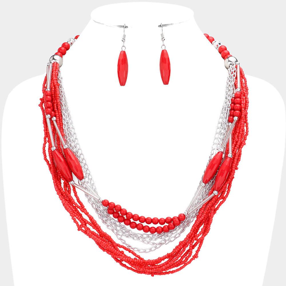 Red Metal Chain Seed Beaded Multi Layered Necklace