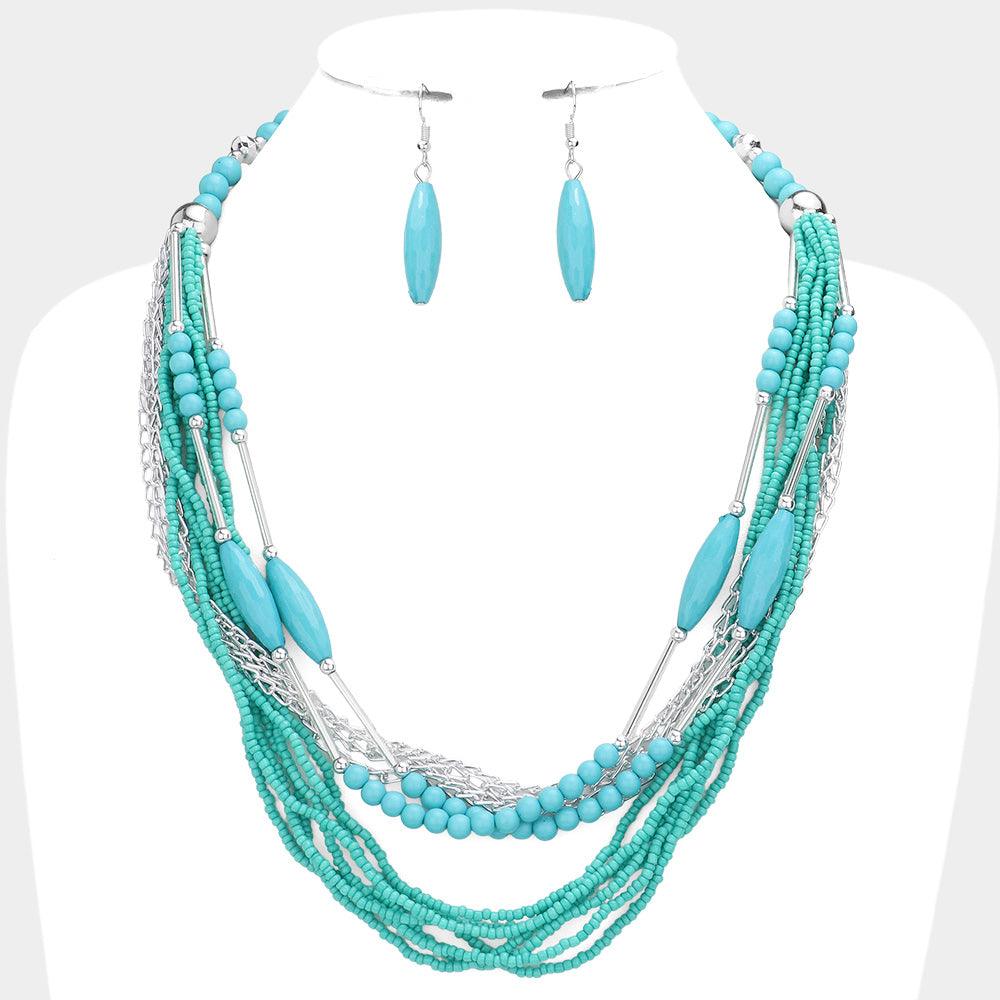 Turquoise Metal Chain Seed Beaded Multi Layered Necklace