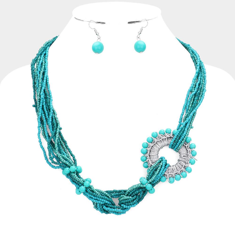 Turquoise Knot Seed Beaded Multi Layered Necklace