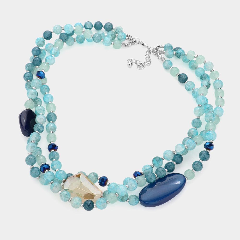 Blue Geometric Triple Bead Accented Triple Layered Necklace - Jewelry Store by Erik Rayo