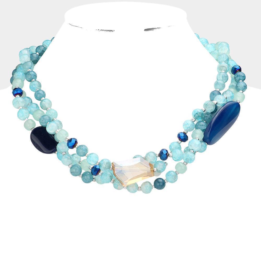 Blue Geometric Triple Bead Accented Triple Layered Necklace - Jewelry Store by Erik Rayo