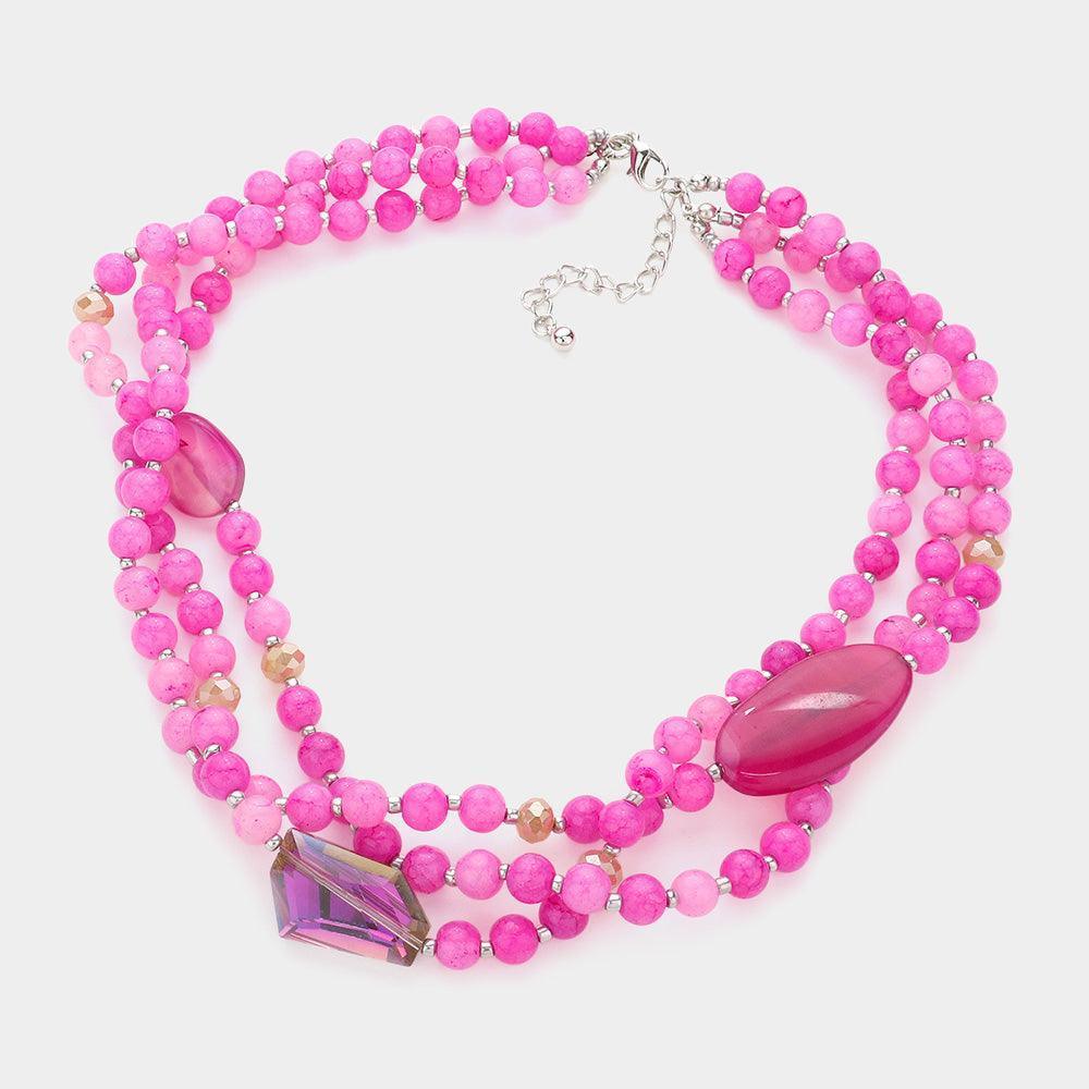 Fuchsia Geometric Triple Bead Accented Triple Layered Necklace - Jewelry Store by Erik Rayo