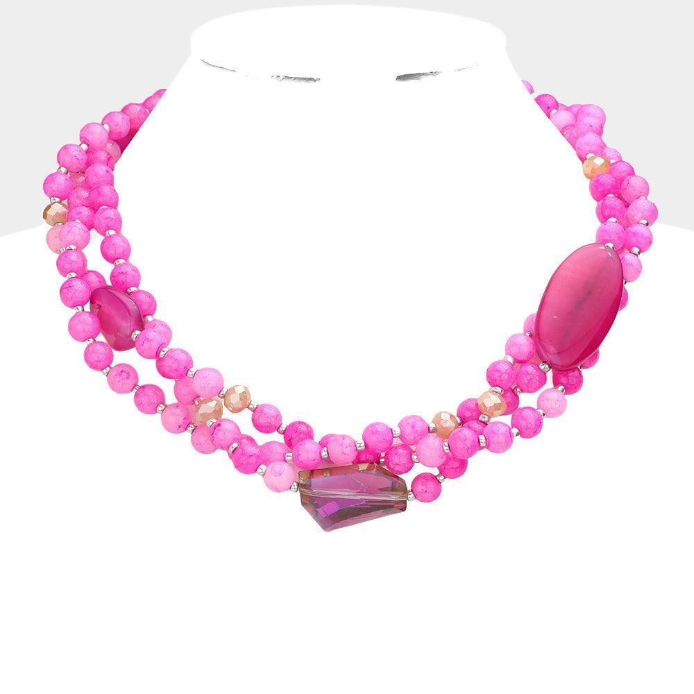 Fuchsia Geometric Triple Bead Accented Triple Layered Necklace - Jewelry Store by Erik Rayo