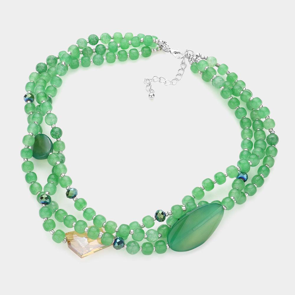 Green Geometric Triple Bead Accented Triple Layered Necklace - Jewelry Store by Erik Rayo