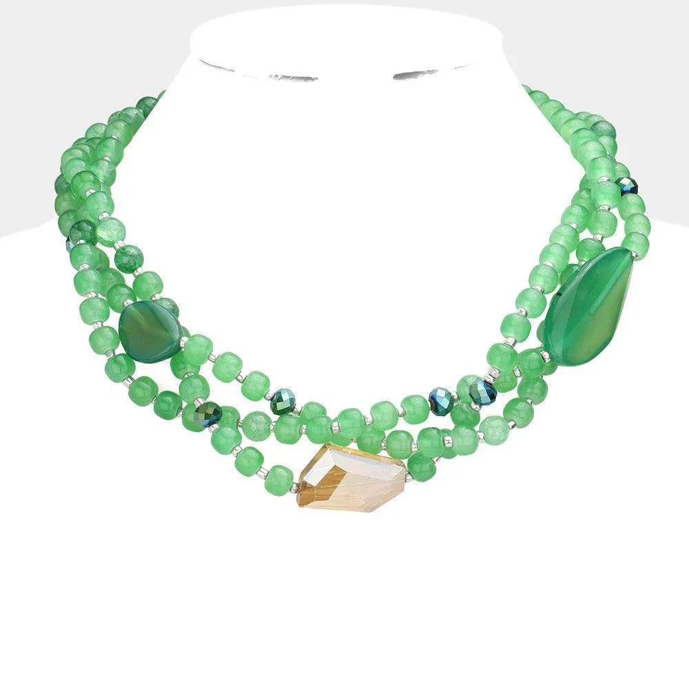 Green Geometric Triple Bead Accented Triple Layered Necklace - Jewelry Store by Erik Rayo