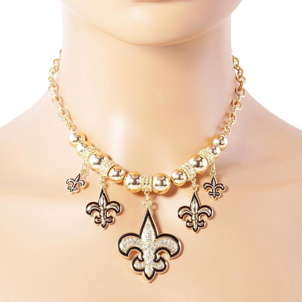 Gold Stone Embellished Fleur de Lis Charm Metal Chain Necklace - Jewelry Store by Erik Rayo