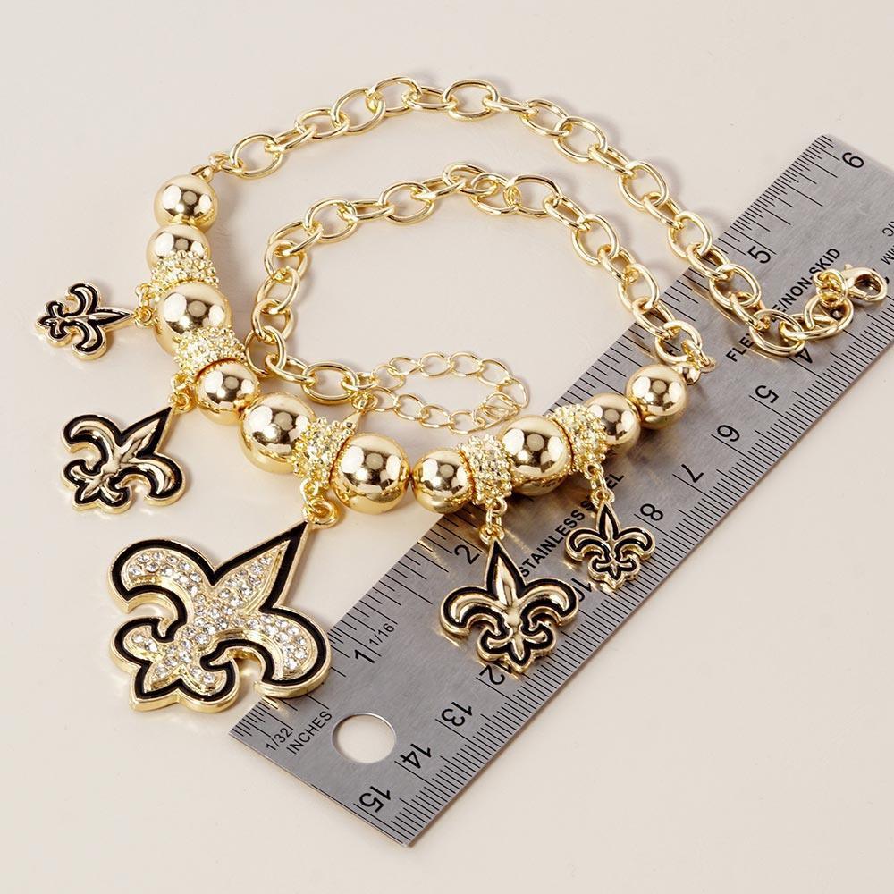 Gold Stone Embellished Fleur de Lis Charm Metal Chain Necklace - Jewelry Store by Erik Rayo