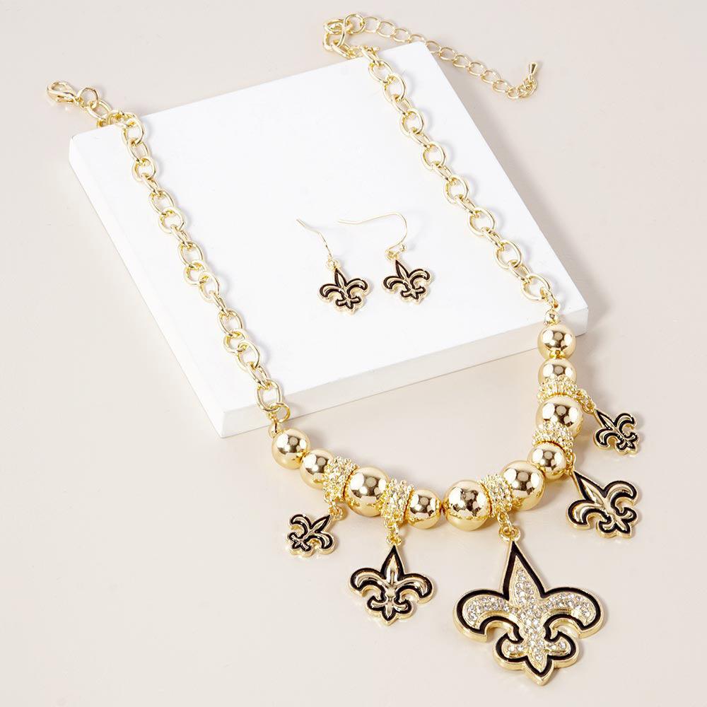 Gold Stone Embellished Fleur de Lis Charm Metal Chain Necklace