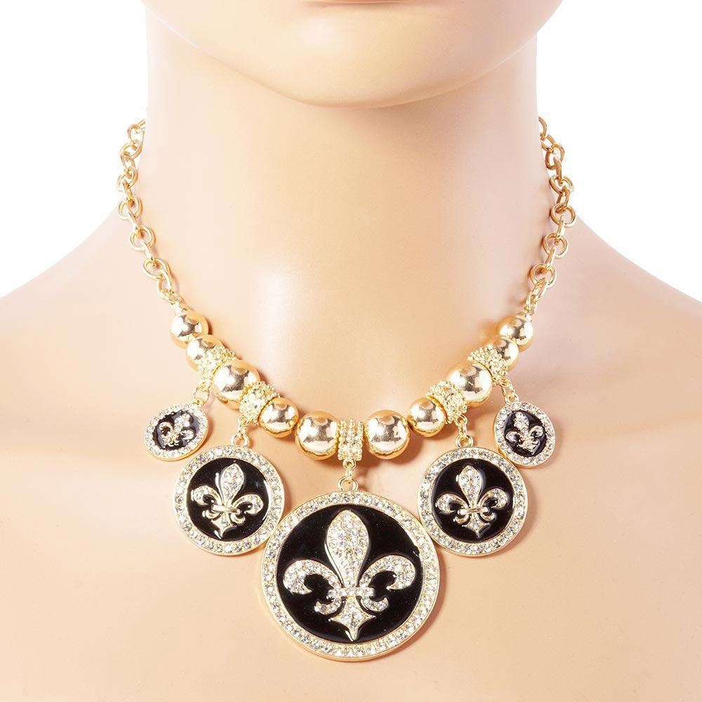 Gold Stone Embellished Fleur de Lis Charm Metal Chain Necklace - Jewelry Store by Erik Rayo