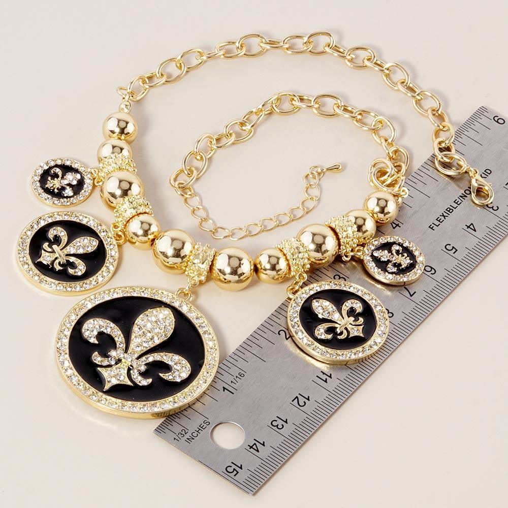 Gold Stone Embellished Fleur de Lis Charm Metal Chain Necklace - Jewelry Store by Erik Rayo