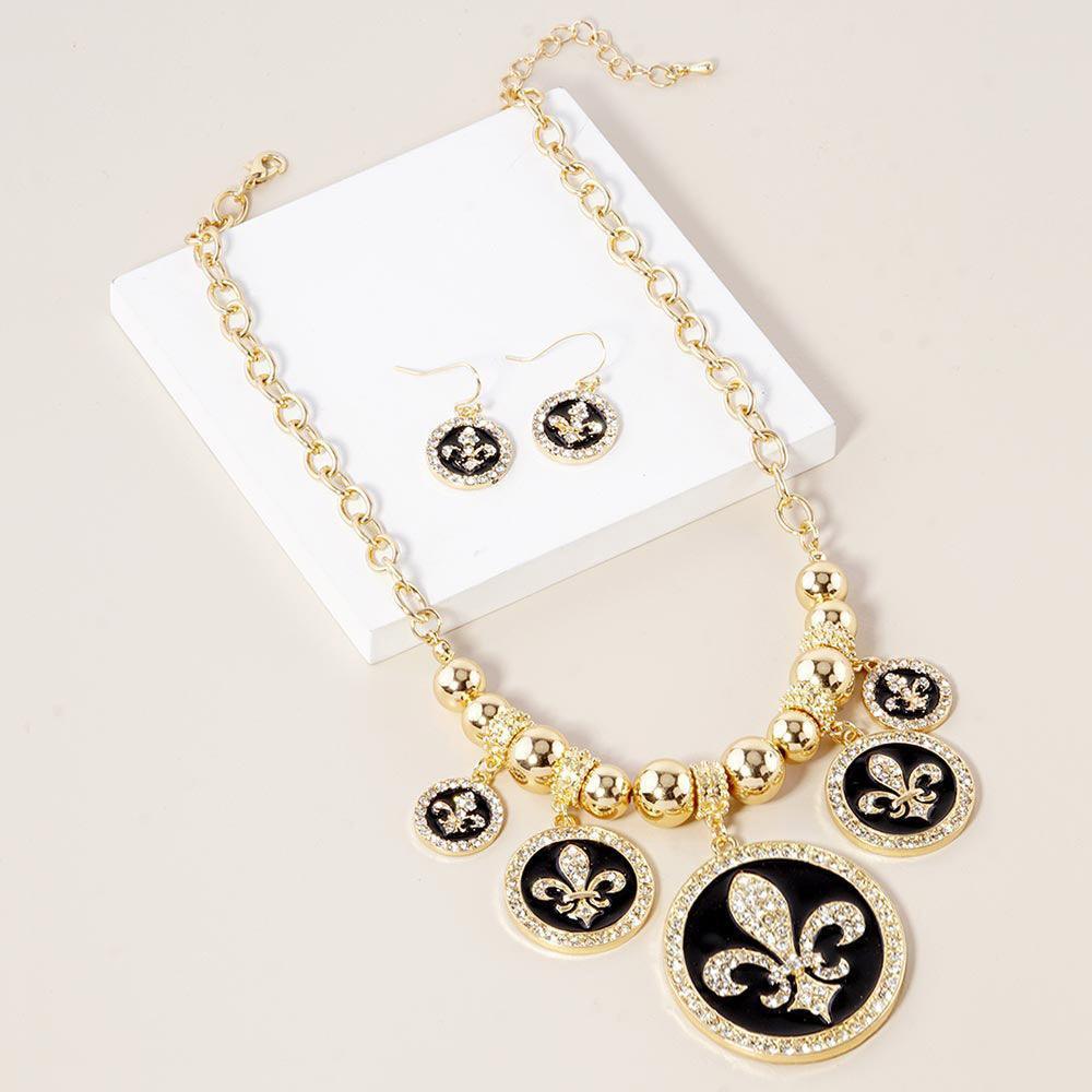 Gold Stone Embellished Fleur de Lis Charm Metal Chain Necklace - Jewelry Store by Erik Rayo
