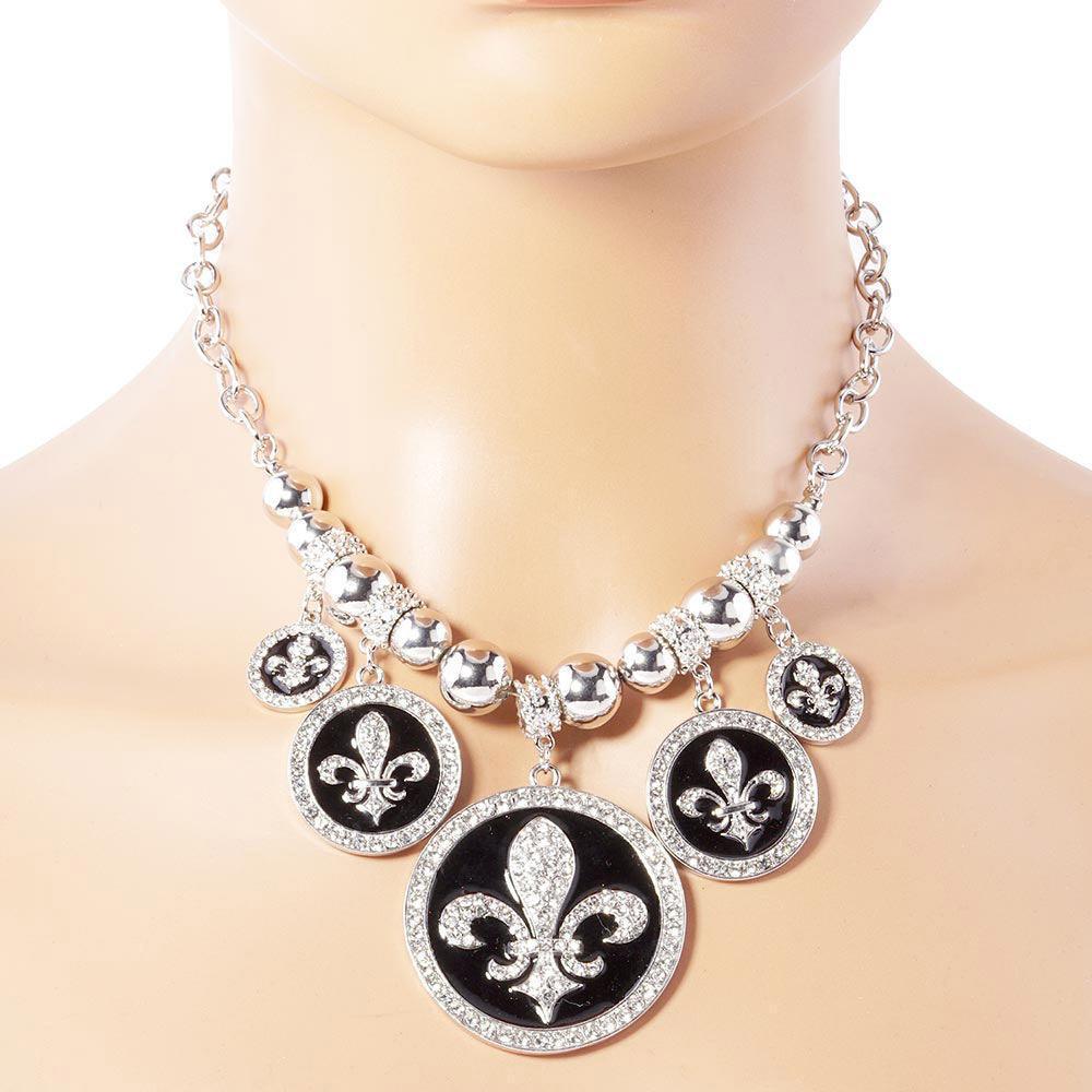Stone Embellished Fleur de Lis Charm Metal Chain Necklace - Jewelry Store by Erik Rayo