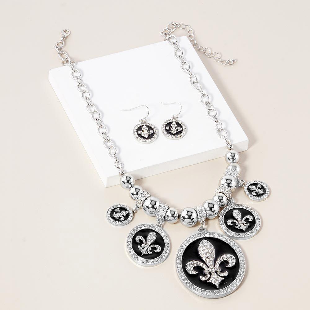 Stone Embellished Fleur de Lis Charm Metal Chain Necklace - Jewelry Store by Erik Rayo