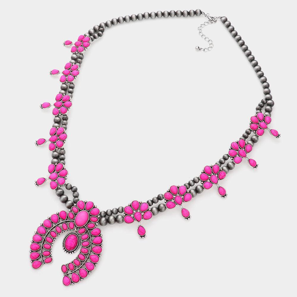 Fuchsia Natural Stone Embellished Squash Blossom Navajo Bead Necklace - Jewelry Store by Erik Rayo