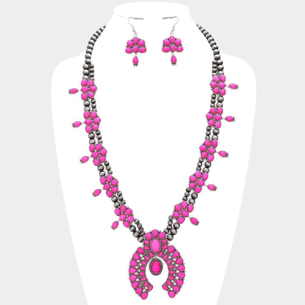 Fuchsia Natural Stone Embellished Squash Blossom Navajo Bead Necklace - Jewelry Store by Erik Rayo