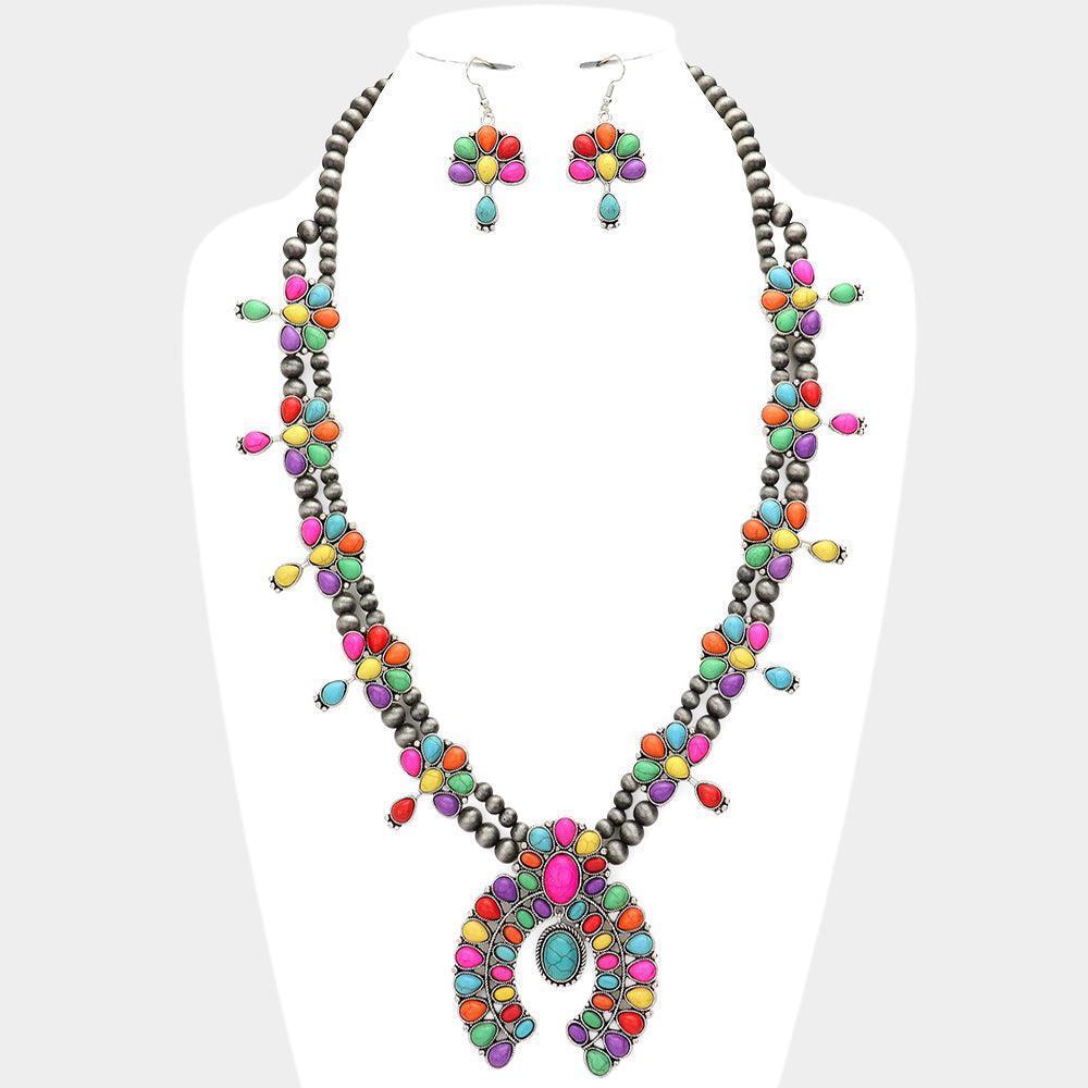 Natural Stone Embellished Squash Blossom Navajo Bead Necklace - Jewelry Store by Erik Rayo