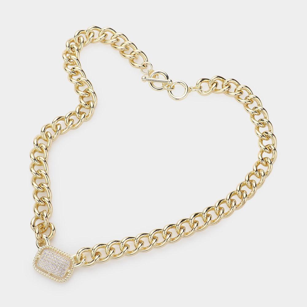 Gold CZ Stone Paved Rectangle Lock Chain Toggle Necklace - Jewelry Store by Erik Rayo