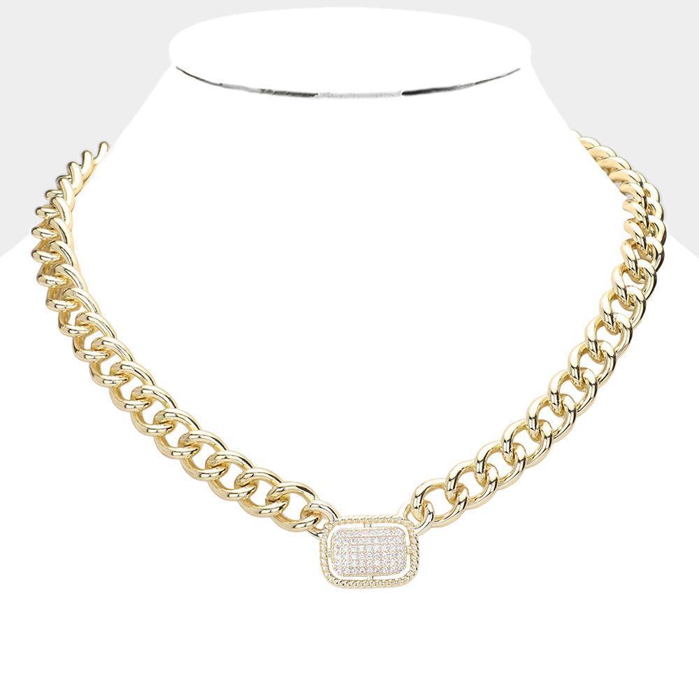 Gold CZ Stone Paved Rectangle Lock Chain Toggle Necklace - Jewelry Store by Erik Rayo
