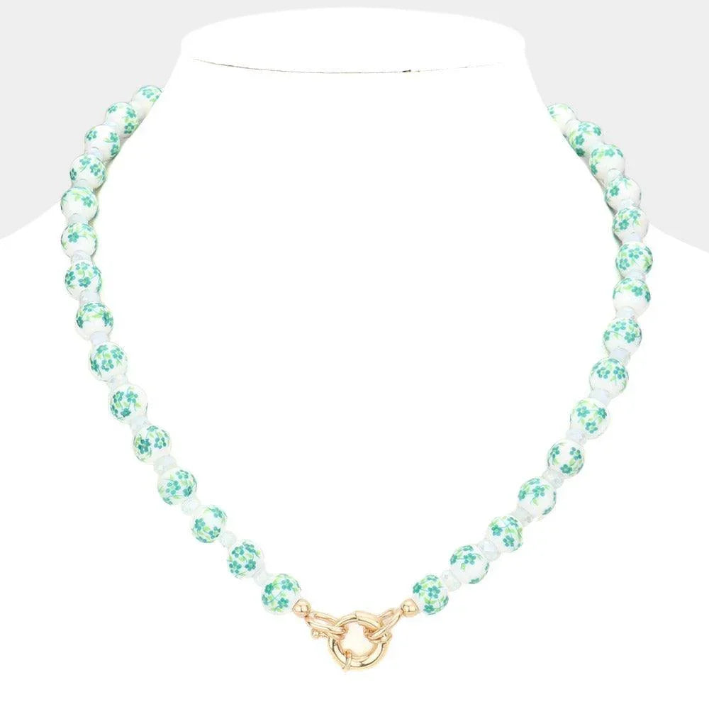 Green Open Circle Accented Flower Patterned Beaded Necklace - Jewelry Store by Erik Rayo