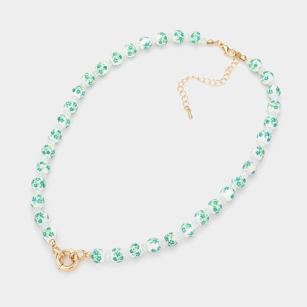 Green Open Circle Accented Flower Patterned Beaded Necklace - Jewelry Store by Erik Rayo