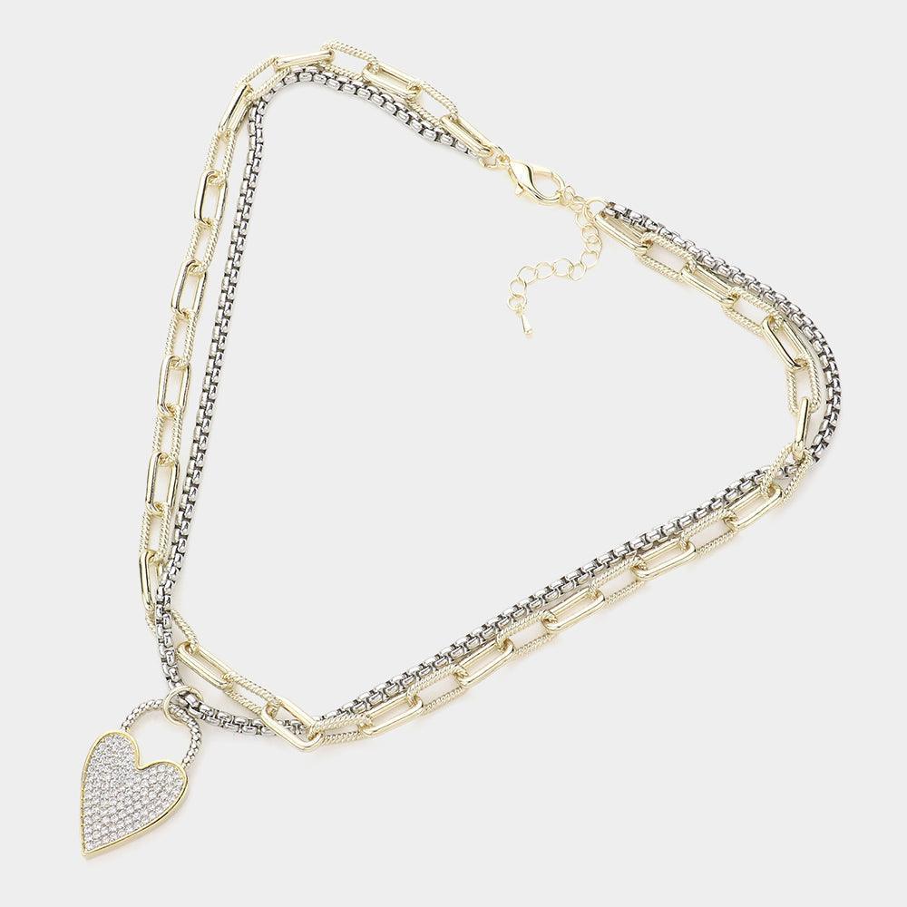 CZ Embellished Heart Lock Pendant Double Layered Necklace - Jewelry Store by Erik Rayo