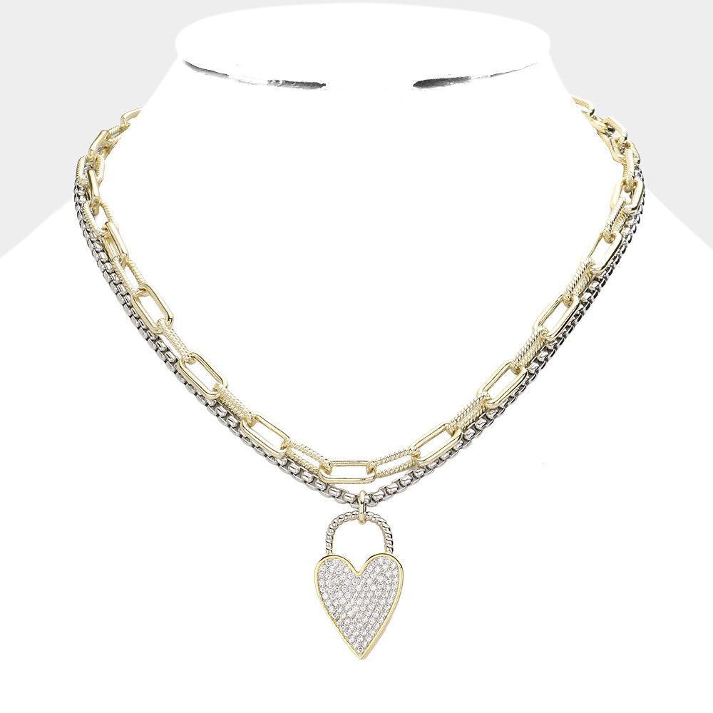 CZ Embellished Heart Lock Pendant Double Layered Necklace - Jewelry Store by Erik Rayo