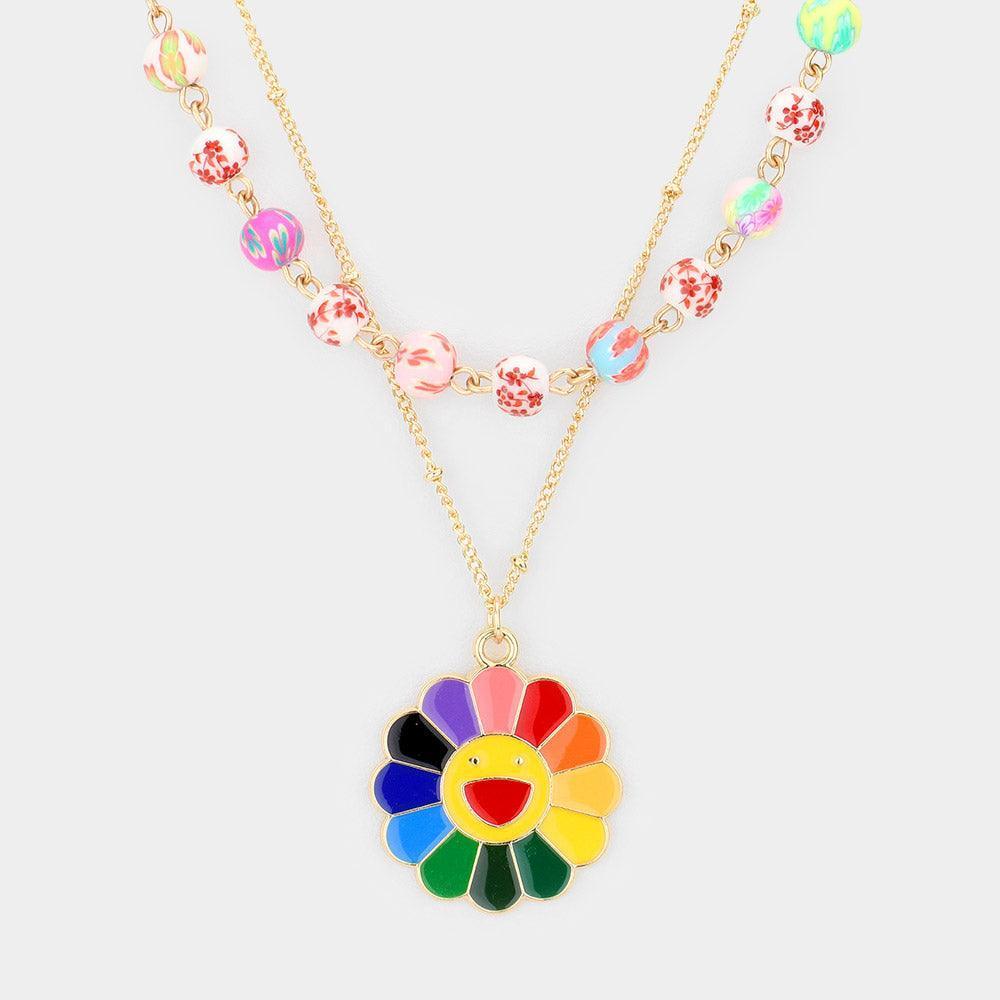 Enamel Smile Pendant Flower Patterned Beaded Double Layered Necklace - Jewelry Store by Erik Rayo