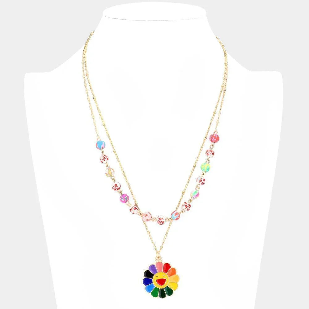 Enamel Smile Pendant Flower Patterned Beaded Double Layered Necklace - Jewelry Store by Erik Rayo