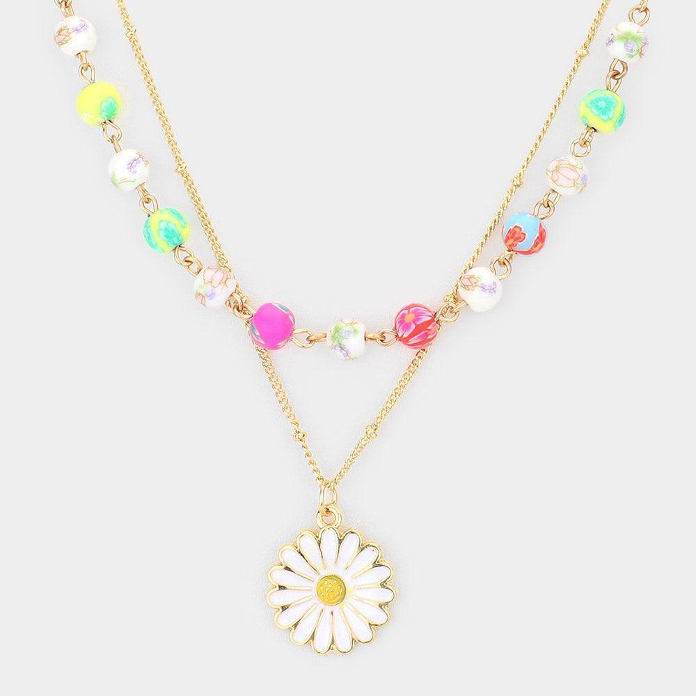 Enamel Daisy Pendant Flower Patterned Beaded Double Layered Necklace - Jewelry Store by Erik Rayo