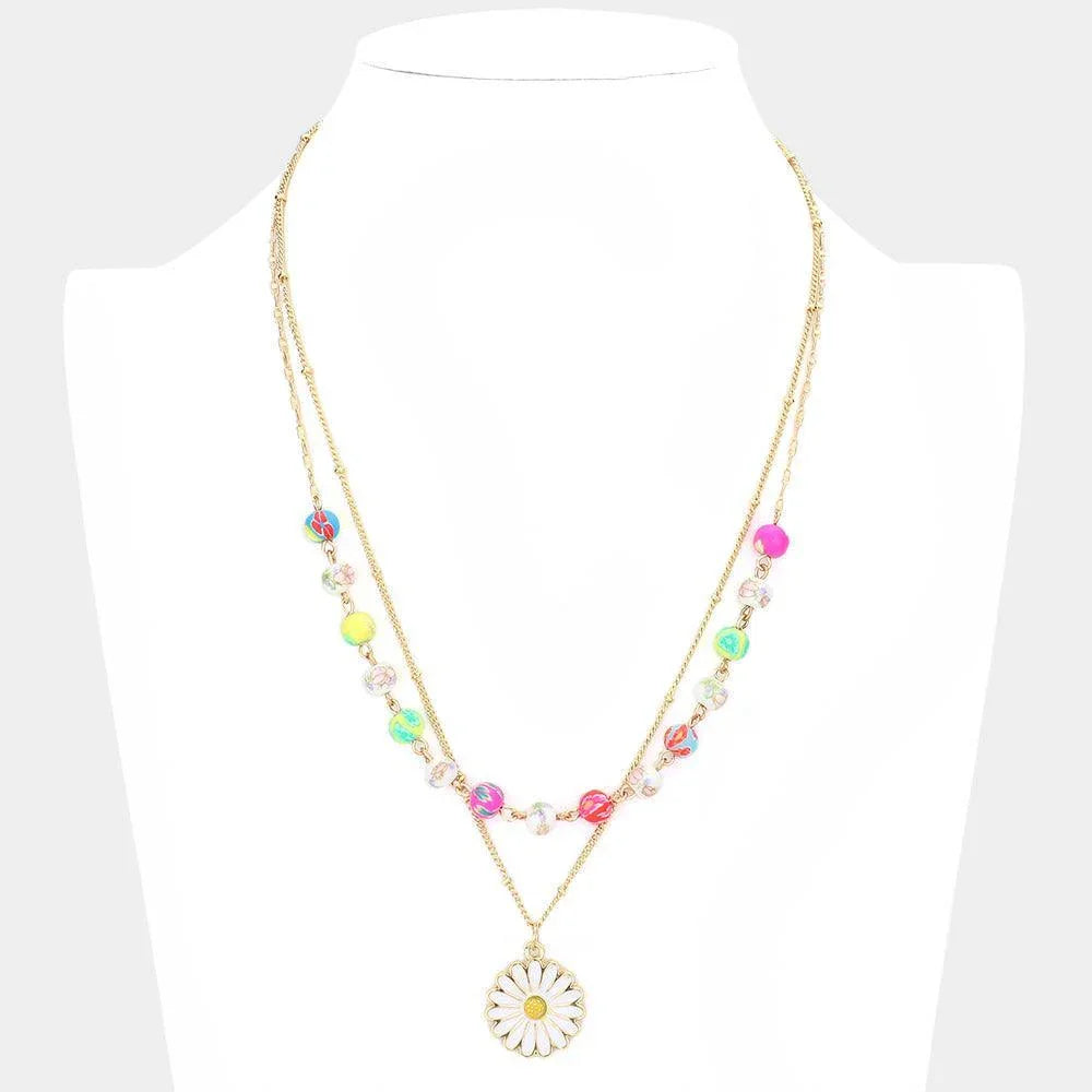 Enamel Daisy Pendant Flower Patterned Beaded Double Layered Necklace - Jewelry Store by Erik Rayo