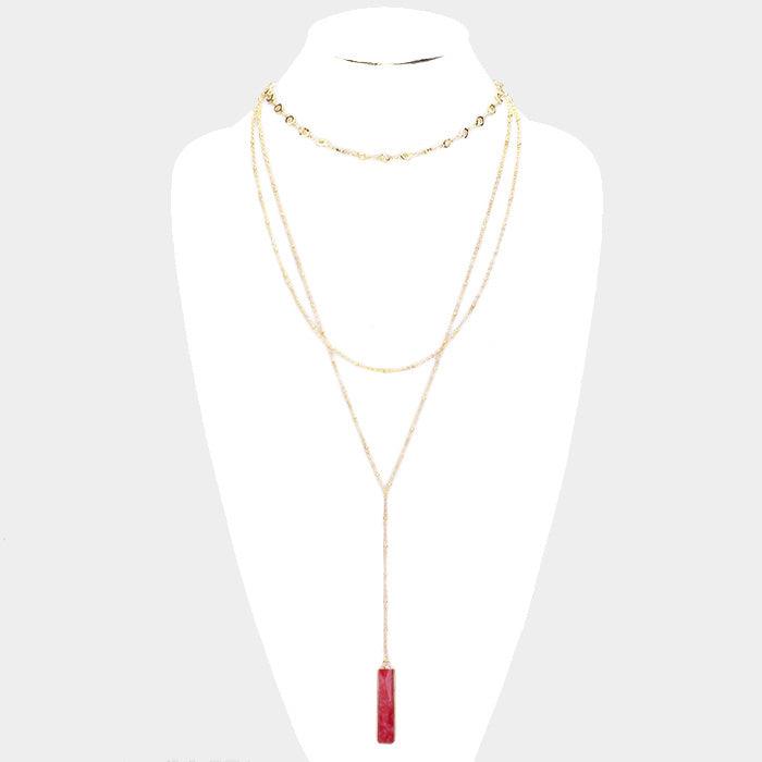 Burgundy Layered Semi Precious Bar Y Necklace