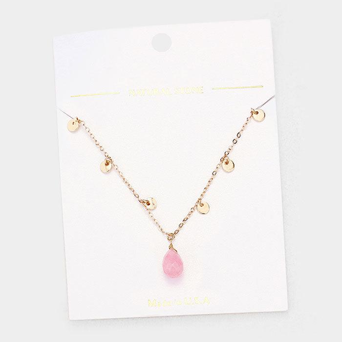 Pink Teardrop Pendant Metal Disc Necklace