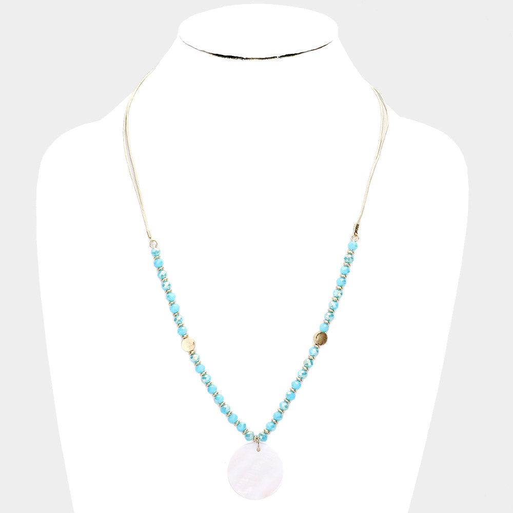 Turquoise Mother of Pearl Pendant Faceted Beaded Adjustable Necklace