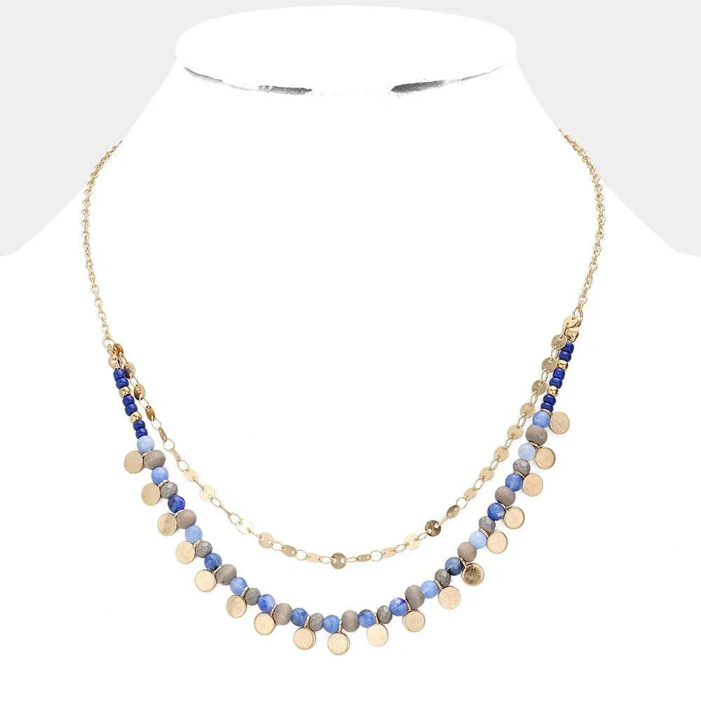 Mint Metal Disc Pointed Natural Stone Faceted Beaded Double Layered Necklace - Jewelry Store by Erik Rayo