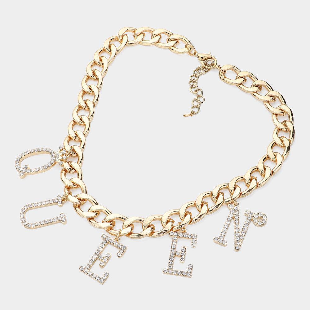 Gold Stone Paved QUEEN Initial Message Station Chunky Chain Necklace - Jewelry Store by Erik Rayo