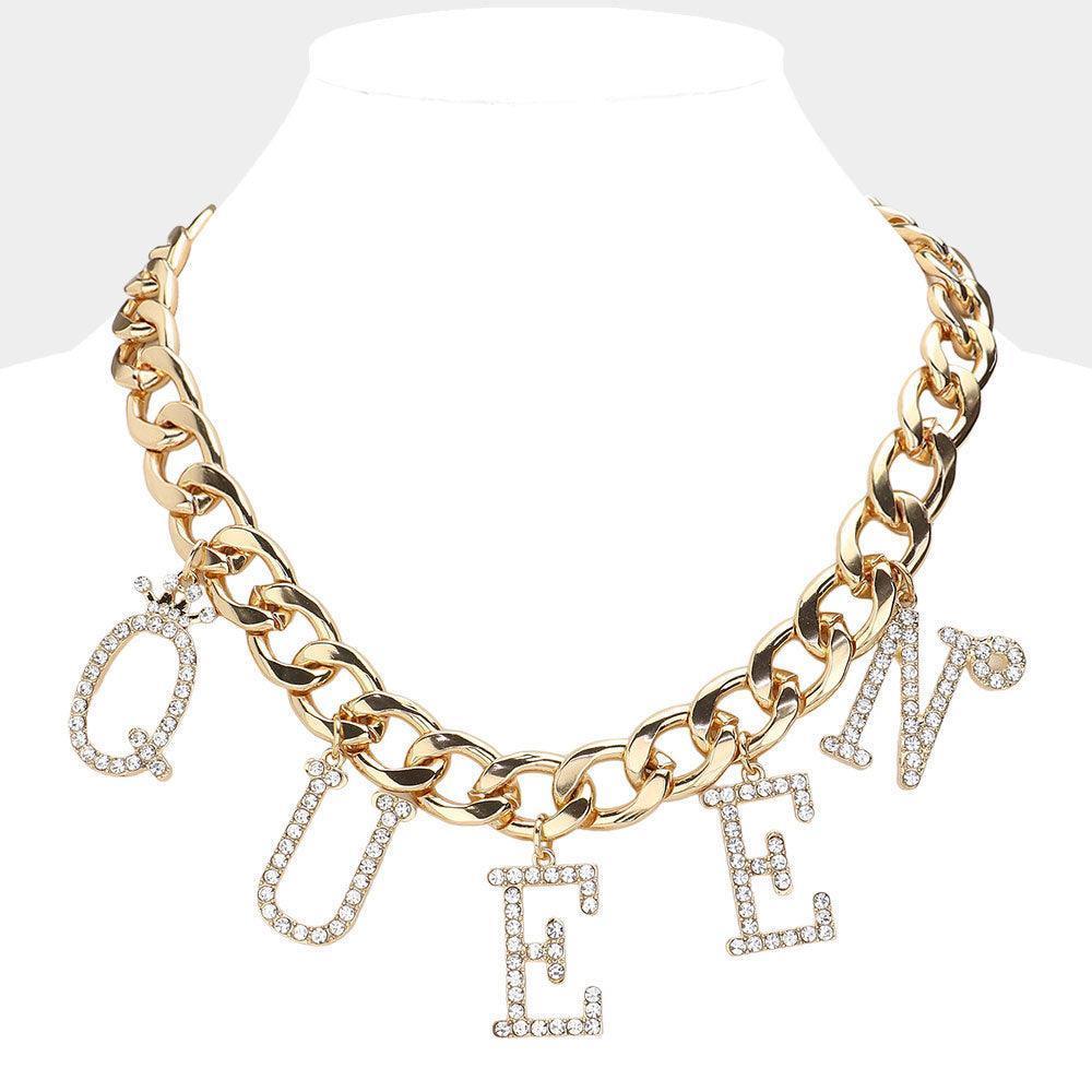 Gold Stone Paved QUEEN Initial Message Station Chunky Chain Necklace - Jewelry Store by Erik Rayo
