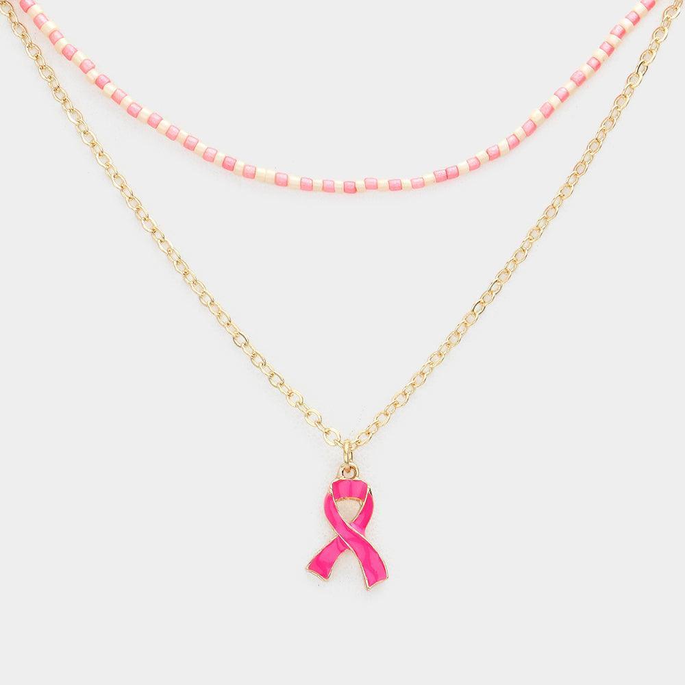 Pink Enamel Pink Ribbon Pendant Double Layered Necklace - Jewelry Store by Erik Rayo