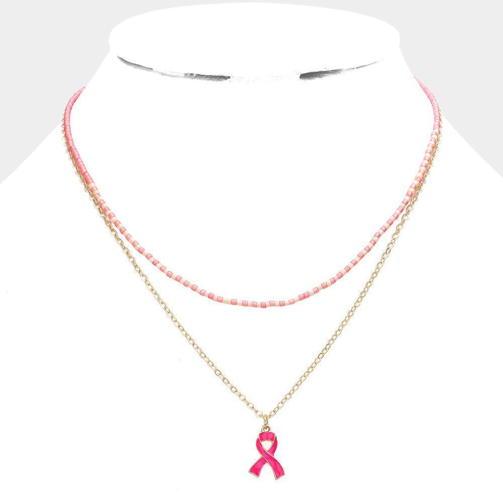 Pink Enamel Pink Ribbon Pendant Double Layered Necklace - Jewelry Store by Erik Rayo