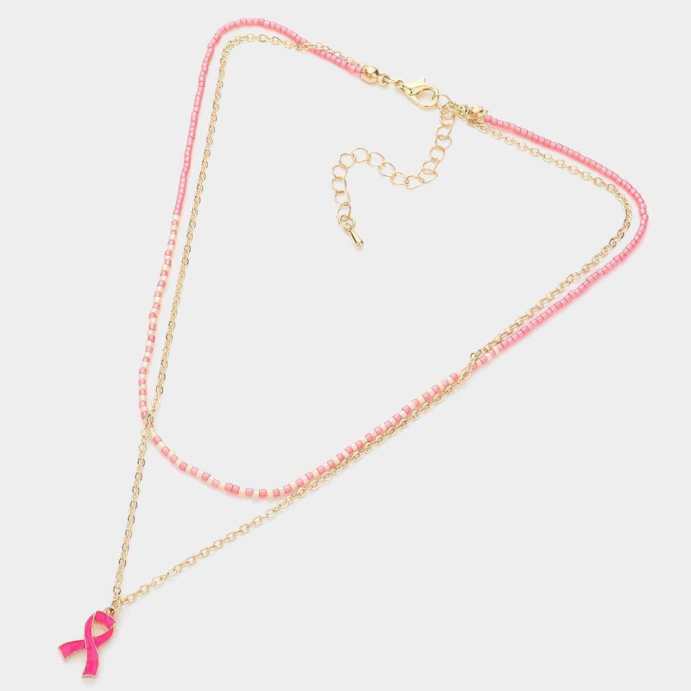 Pink Enamel Pink Ribbon Pendant Double Layered Necklace - Jewelry Store by Erik Rayo