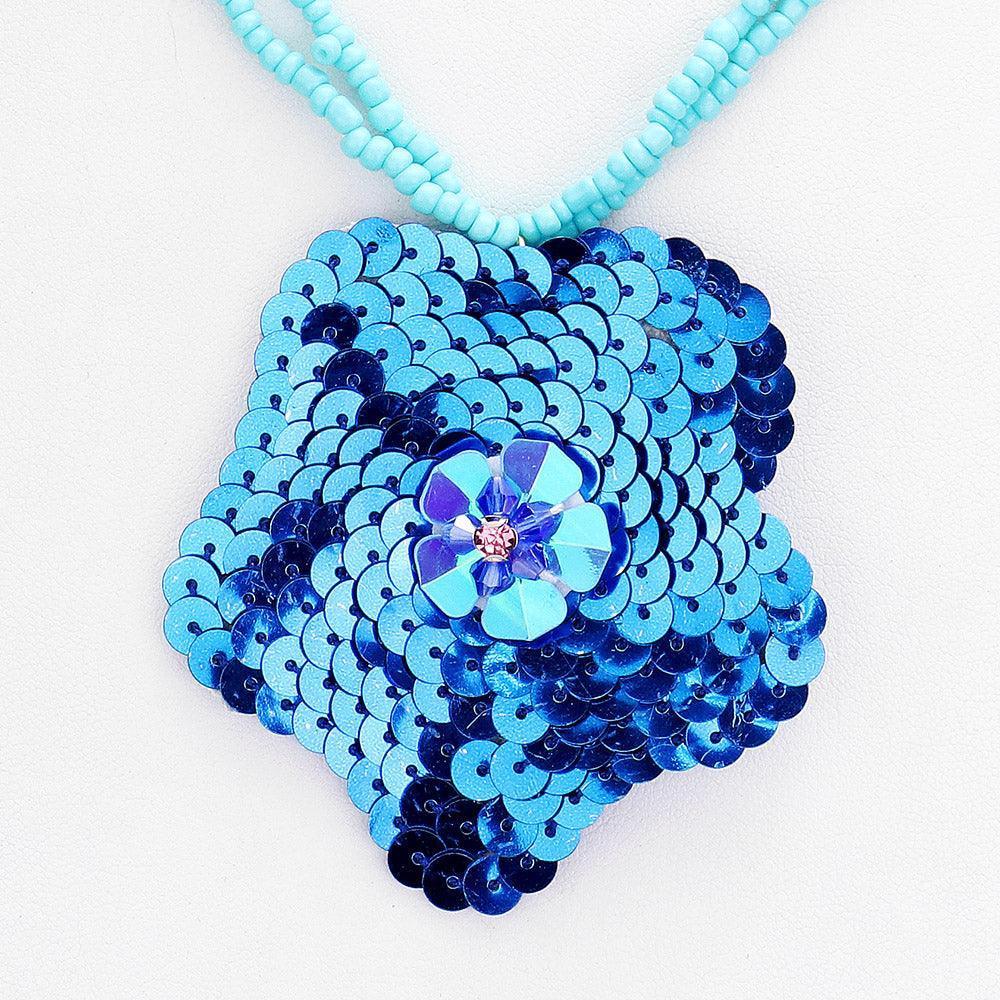 Blue Sequin Cluster Flower Seed Beaded Necklace - Jewelry Store by Erik Rayo