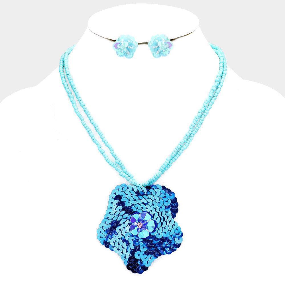Blue Sequin Cluster Flower Seed Beaded Necklace - Jewelry Store by Erik Rayo