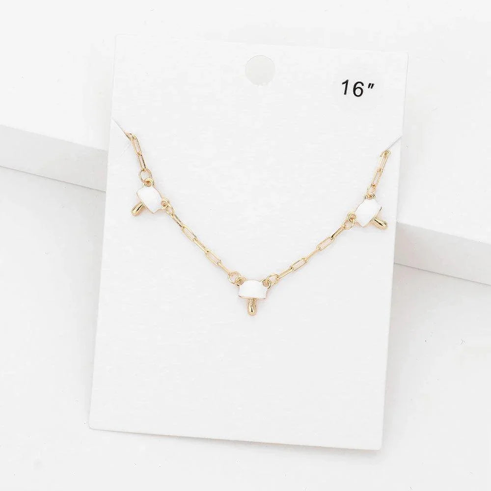 White Enamel Mushroom Station Necklace - Jewelry Store by Erik Rayo