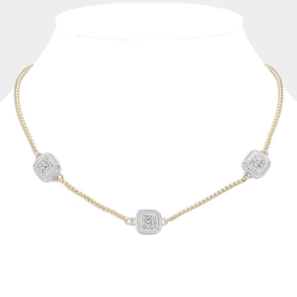 Gold 14K Gold Plated Two Tone Stone Paved Square Pendant Station Necklace - Jewelry Store by Erik Rayo